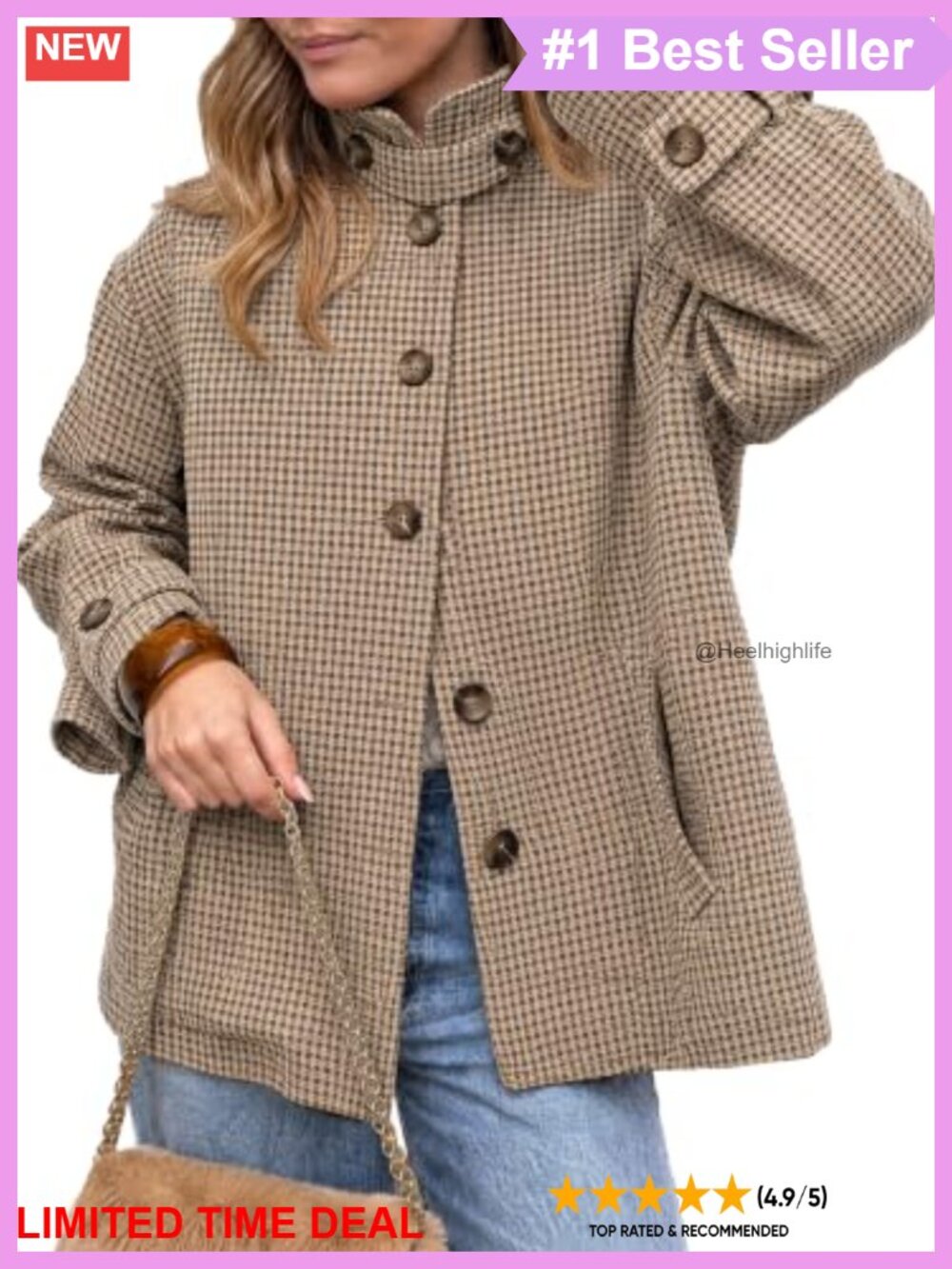 Oversized Vintage Houndstooth Shacket Button Down Long Sleeve Casual Jacket